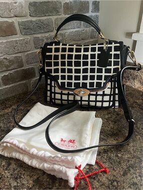 Coach Black & White Grid Top-Handle Satchel with Gold Hardware